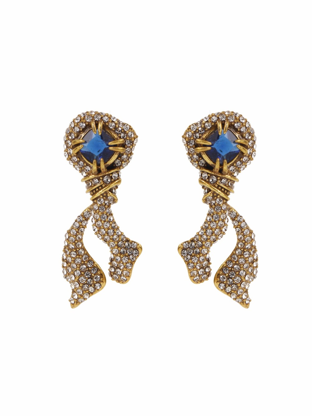 Gold-Tone Blue Crystal Ribbon Drop Earrings 925 s posts